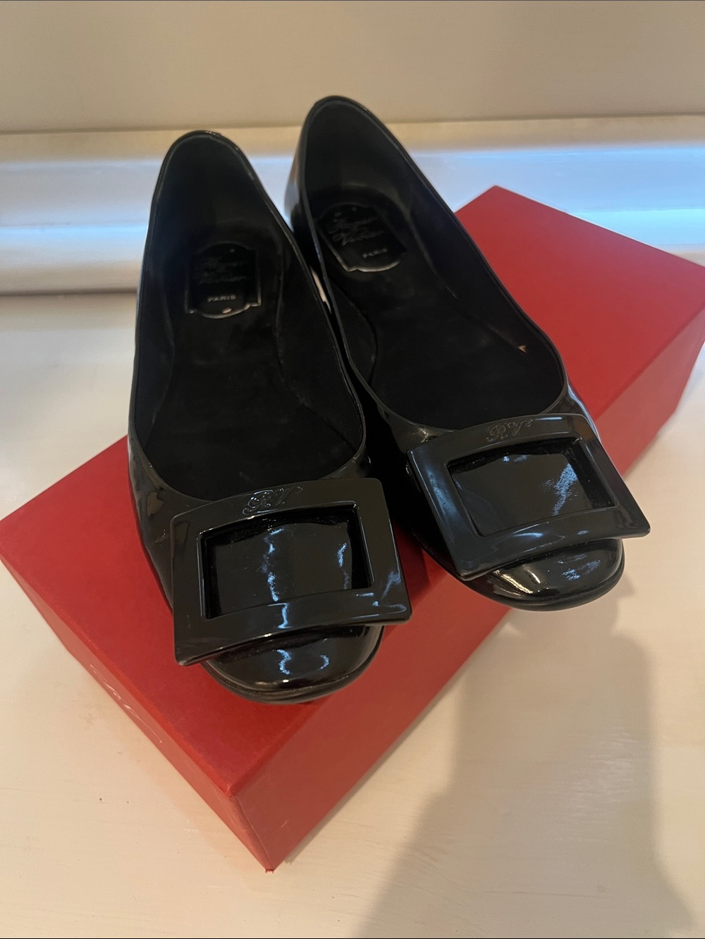 Roger Vivier Black Patent Leather Square-Buckle Ballet Flats